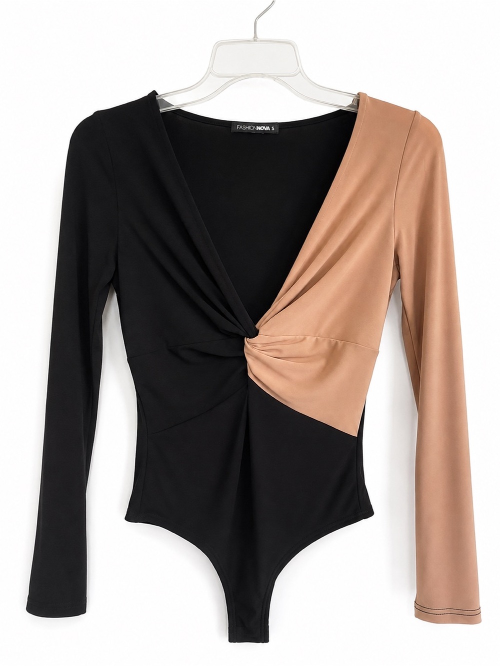 Fashion Nova Black & Tan Twist-Front Long Sleeve Bodysuit